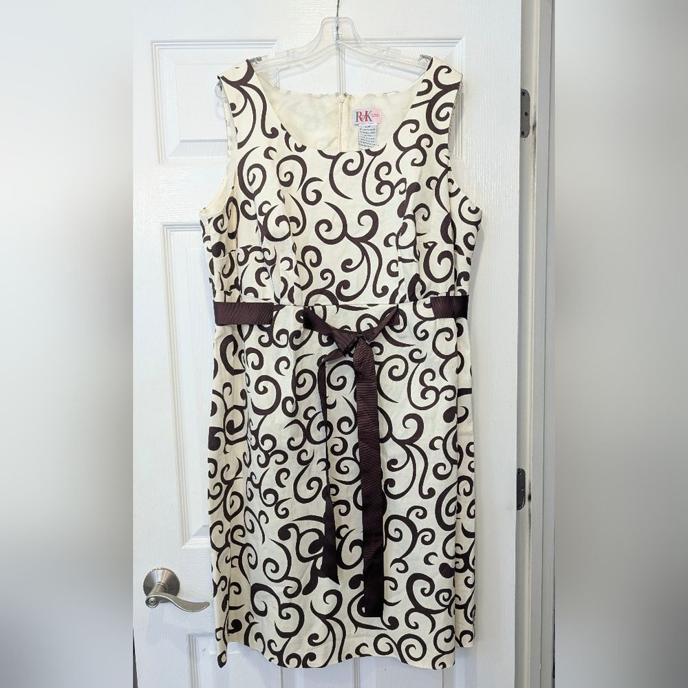 R & K Originals Size 20W Sleeveless Midi Dress Cotton Blend Brownwhite Sash Belt - Picture 2 of 6